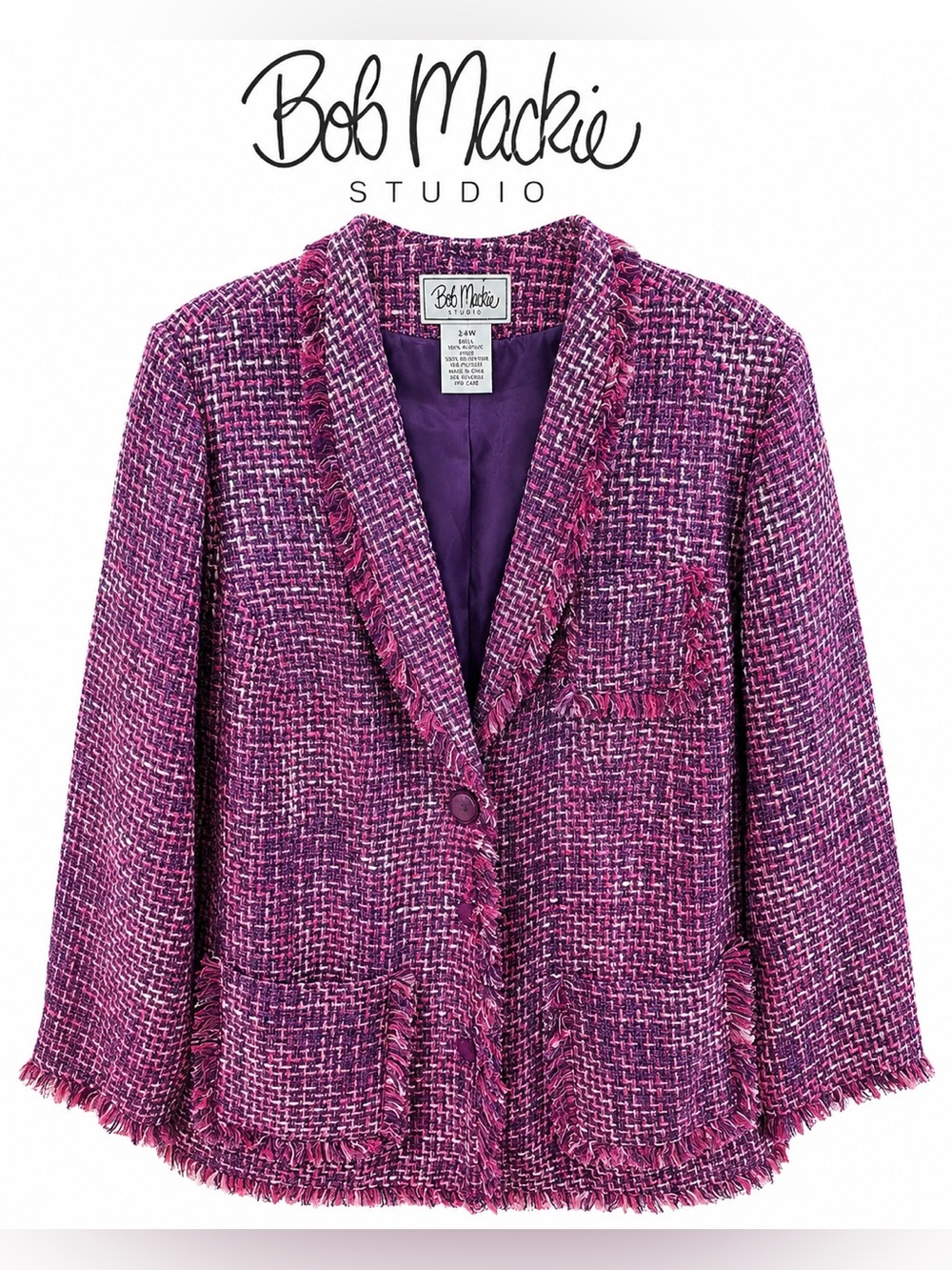 Bob Mackie Pink-Purple Tweed Fringe Blazer